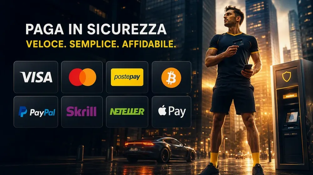 Loghi Visa, PostePay, Bitcoin, Skrill su sfondo bianco